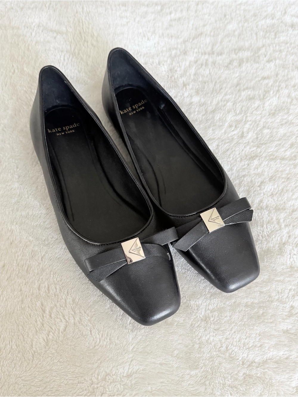 Kate Spade New York Black Leather Square Toe Deco Bow Flats size 7.5